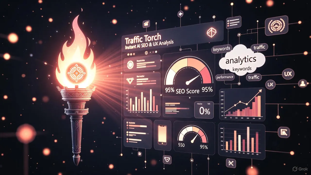 Traffic Torch illuminating SEO dashboard – Instant AI-powered 360° SEO and UX analysis