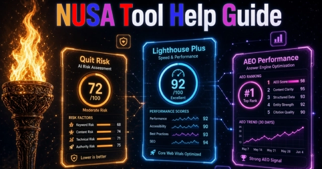 NUSA Tool Help Guide – Complete walkthrough of the NUSA three-in-one audit: Quit Risk, Lighthouse Plus, and AEO Performance