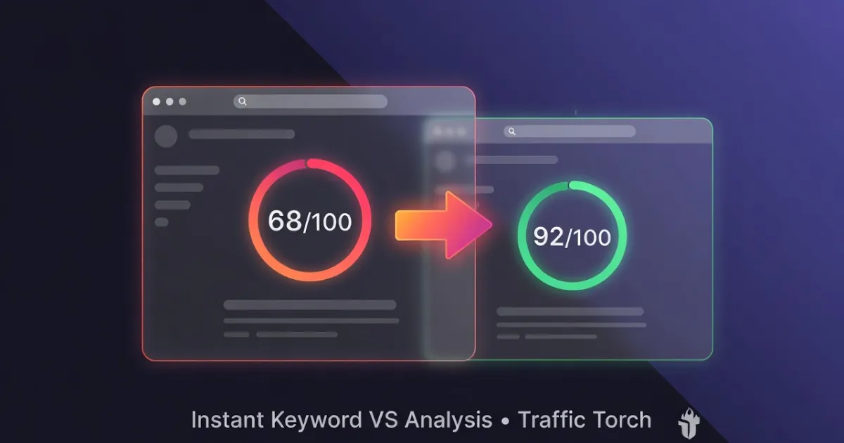 2026 Complete educational guide to Traffic Torch's Keyword VS Tool. Explains scoring logic for meta titles, H1 headings, content density, image alt text, anchor text, URL & schema