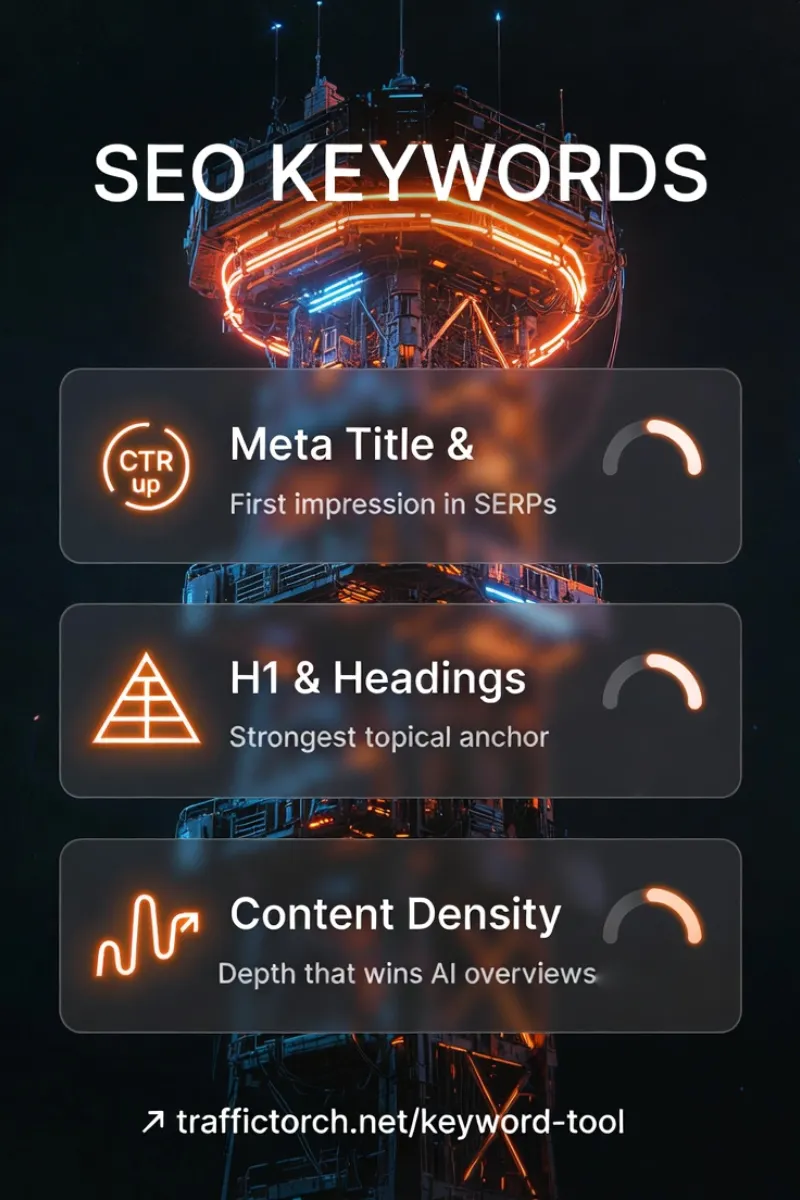SEO Keywords Infographic – Meta Title & Description H1 & Headings Content Density are on-page signals for better SEO relevance