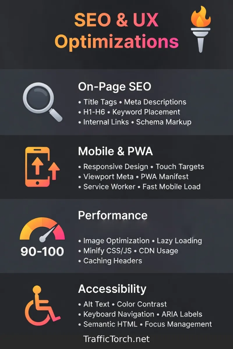SEO & UX Optimizations Infographic – On-Page SEO, Mobile & PWA, Performance, Accessibility